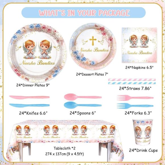 194 Pcs Boho Nuestro Bautizo Baptism Party Decorations Supplies Twins First Holy - Picture 2 of 4